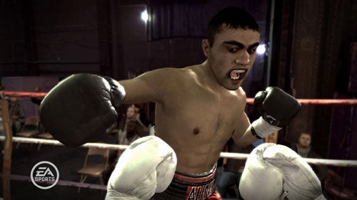 Screen capture from the video game Fight Night Round 3 showing a close-up of a virtual boxer with a focused expression, wearing boxing gloves and trunks with the EA Sports logo visible in the arena.