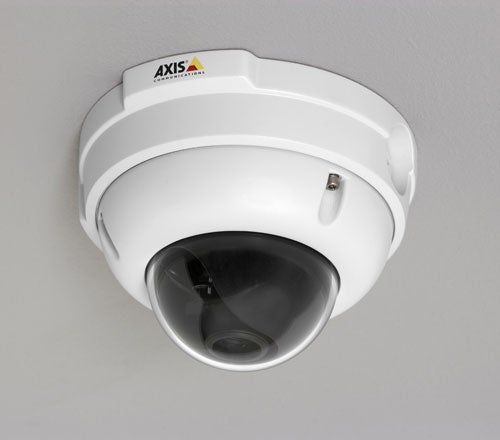Axis 225FD Outdoor Network Camera mounted on a ceiling, displaying its white dome design and camera lens.