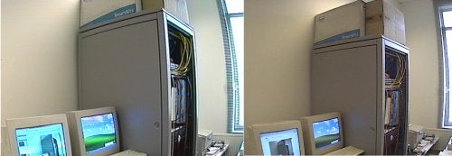 Side-by-side comparison images captured by Axis 225FD Outdoor Network Camera showing the camera's field of view inside a server room with computer monitors in the foreground.