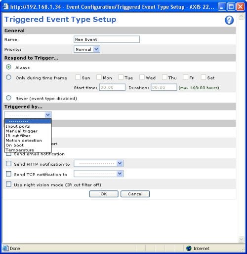 Screenshot of the triggered event type setup interface for an Axis 225FD Outdoor Network Camera configuration page, displaying options for setting up triggers based on priority, manual input, motion detection, and other events.