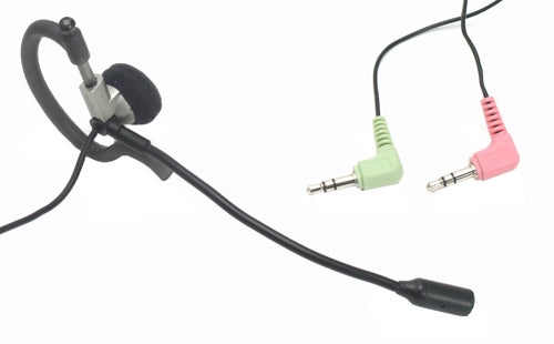 Headset with microphone featuring two 3.5mm plugs, one for audio out and one for mic input, with a black headband and foam earpad.