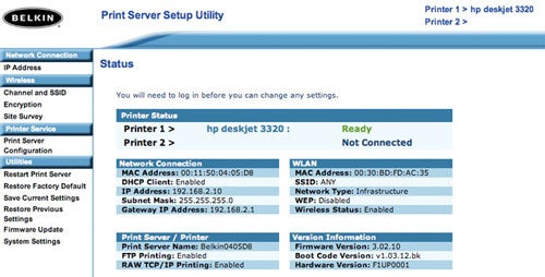 Belkin Wireless G Print Server setup utility interface with menu options on the left and status information for two printers showing one ready and the other not connected.