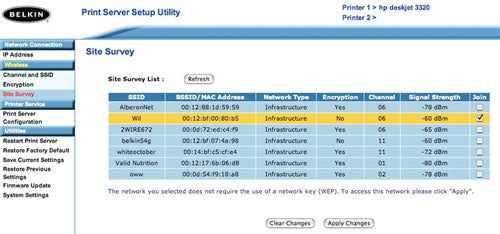 Screenshot of Belkin Wireless G Print Server setup utility interface showing Site Survey tab with a list of available wireless networks, signal strengths, and encryption status.