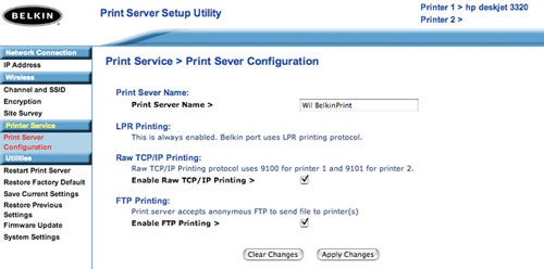 Screenshot of the Belkin Wireless G Print Server setup utility showing the Print Service and Print Server Configuration page with options for LPR Printing, Raw TCP/IP Printing, and FTP Printing settings.
