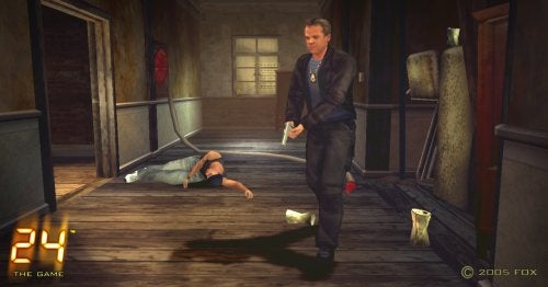 A screenshot from "24: The Game" showing a character resembling the protagonist Jack Bauer in a hallway with a fallen enemy, with game graphics characteristic of the mid-2000s era, and the "24" logo visible in the corner.