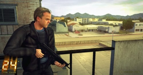 A character resembling Jack Bauer holding a gun prepares for action in a scene from the video game 