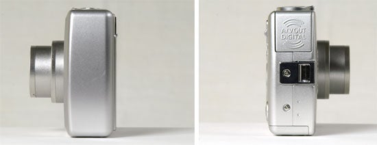 Two side views of a Canon IXUS Wireless digital camera on a neutral background, showing its compact size and wireless connectivity feature.