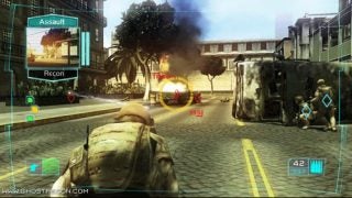 Screenshot from the video game Ghost Recon: Advanced Warfighter showing a third-person view of a soldier aiming at an enemy with a targeting reticle centered on the screen, strategic game interface elements visible, and urban combat environment.