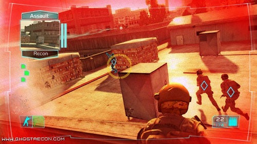 Screenshot from the video game Ghost Recon: Advanced Warfighter showing a third-person view of a soldier with a heads-up display, including a mini-map and ammo count, with team members advancing in a battle scenario.