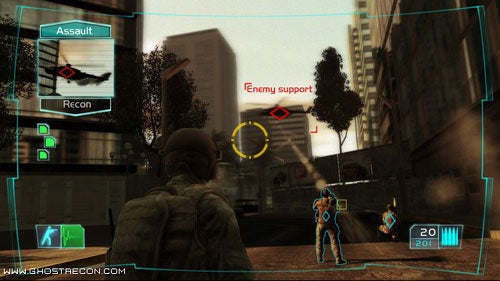 Screenshot from the video game Ghost Recon: Advanced Warfighter showing a player character's perspective in an urban combat scenario with HUD elements, targeting an enemy marked 'Enemy support'.