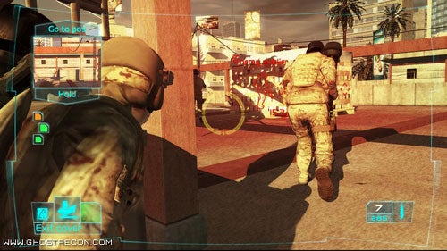 Screenshot from the video game Ghost Recon: Advanced Warfighter showing a third-person view of a soldier in cover with HUD elements displaying commands and ammo count.