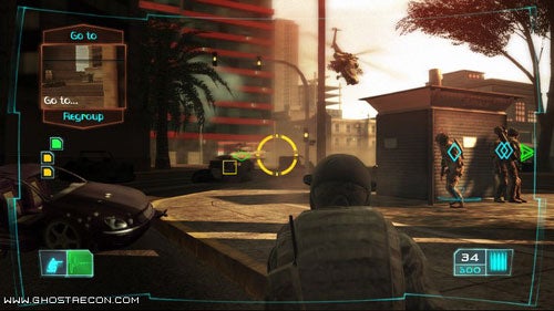 In-game screenshot from Ghost Recon: Advanced Warfighter showing a soldier's perspective during a mission, with HUD elements indicating objectives and ammunition count.