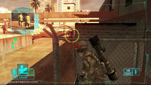 Screenshot from the video game Ghost Recon: Advanced Warfighter showing a third-person view of a soldier taking cover with a heads-up display including objectives and ammo count.