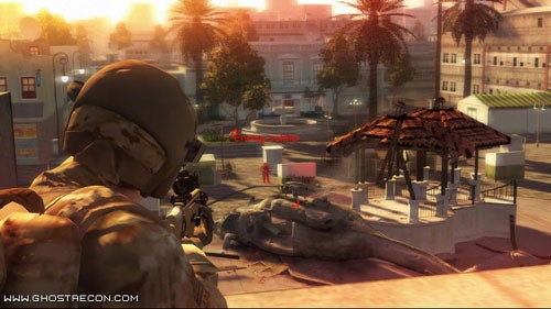 Screenshot from Ghost Recon: Advanced Warfighter video game showing a first-person view where a soldier overlooks a sunny urban warfare scene with a fellow squad member in the distance.