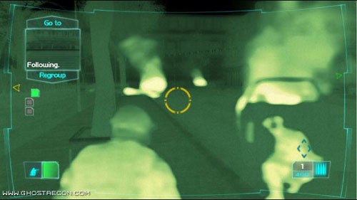 In-game screenshot from Ghost Recon: Advanced Warfighter showing a night vision view with HUD elements including a mission directive to regroup, a targeting reticle, and a squad status indicator.