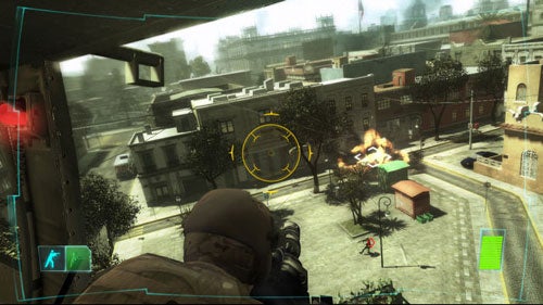 Screenshot from the video game Ghost Recon: Advanced Warfighter showing a first-person view with a character aiming down sights at an urban battlefield scene.