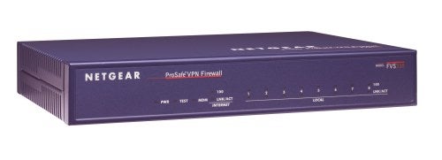 Netgear ProSafe VPN Firewall 50 device with indicator lights for power, test, Internet, LAN, and DMZ.