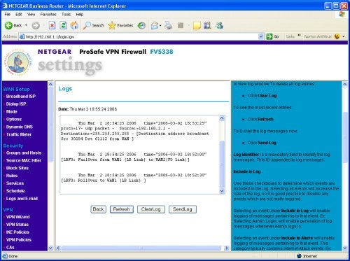 Screenshot of Netgear ProSafe VPN Firewall FVS338 settings in Internet Explorer showing logs and configuration options.
