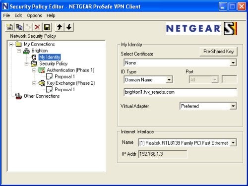Screenshot of the NETGEAR ProSafe VPN Client interface showing the network security policy editor with various configuration options for VPN connections.