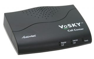 Actiontec VoSKY Call Center device in black with status indicator lights for regular calls, internet calls, and readiness.