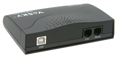 Black Actiontec VoSKY Call Center USB device with ports for USB, Line, and Phone connections.