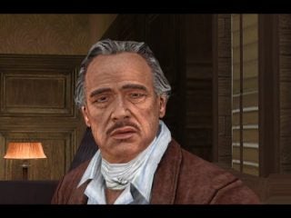 Digital render of a character resembling Marlon Brando as Vito Corleone from The Godfather in a video game setting.