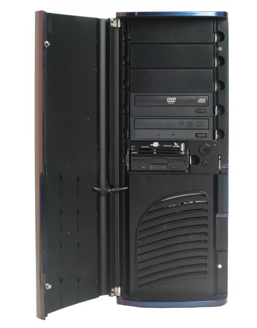 Wired2Fire Pyro 64-FX desktop computer tower with an open side panel, multiple drive bays, and front USB ports visible.