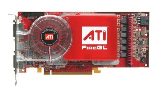 ATI FireGL V7350 graphics card with red cover and cooling fan.