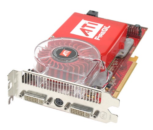 ATi FireGL V7350 graphics card with a red casing, cooling fan, and multiple output ports including two DVI and one S-Video.
