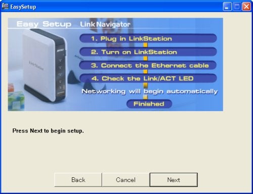 Setup screen of the Buffalo Technology LinkStation Multimedia Home Server with installation steps displayed and the product image on the left. A prompt instructs to press 
