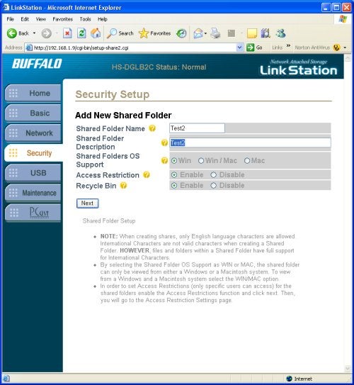 Screenshot of the Buffalo Technology LinkStation interface on a computer screen showing the Security Setup page for adding a new shared folder with options for shared folder name, description, supported operating systems, and access restrictions.