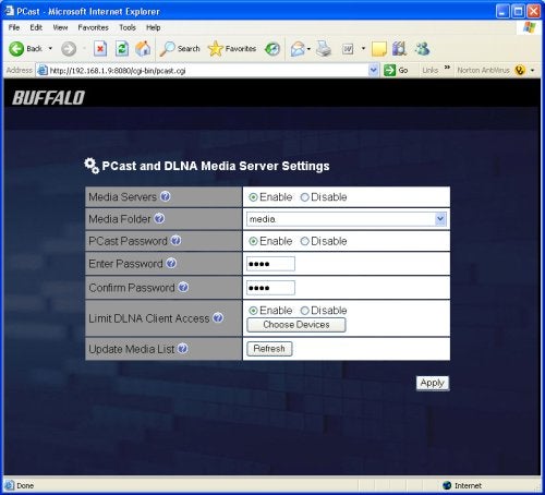 Screenshot of the Buffalo Technology LinkStation Multimedia Home Server interface showing the PCast and DLNA Media Server Settings in an Internet Explorer browser window.