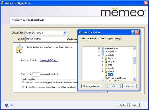 Screenshot of the Memeo backup software interface used for configuring the destination folder for backup on the Buffalo Technology LinkStation Multimedia Home Server.