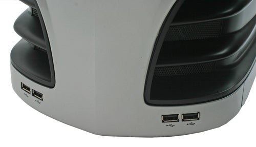 Close-up of the front lower section of an Alienware Aurora 7500 desktop computer, displaying USB ports and ventilation grills.
