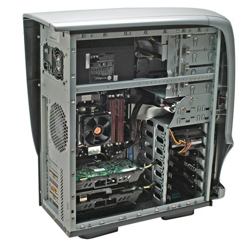 Open Alienware Aurora 7500 computer case showing the internal components, including the motherboard, expansion slots, graphics card, and power supply.