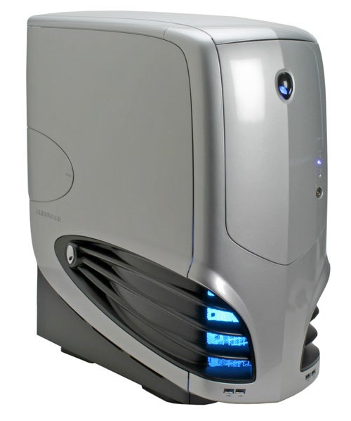Alienware Aurora 7500 desktop computer with silver casing and distinctive blue LED lights.