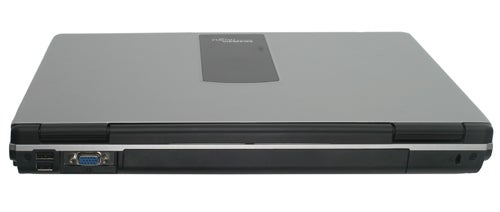 A Fujitsu Siemens Amilo L1310G laptop closed, displaying its left side with various ports visible, a silver Fujitsu Siemens logo on the top cover.