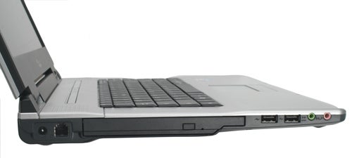 Side view of a Fujitsu Siemens Amilo L1310G laptop showing ports and CD drive.
