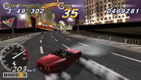 Screenshot from the video game OutRun 2006: Coast 2 Coast showing a red convertible racing down a city street with game interface displaying total time, remaining time, and score.
