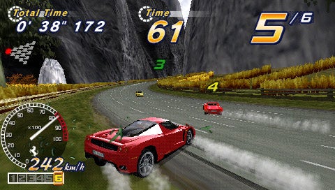 Screenshot of OutRun 2006: Coast 2 Coast video game showing a red convertible racing on a track with other cars, with on-screen displays indicating total time, speed, and race position.