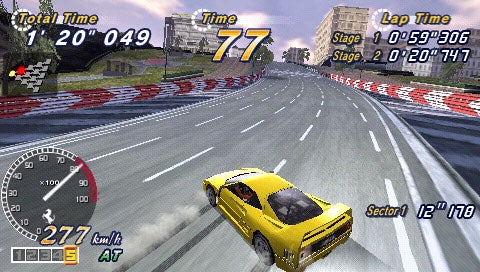 Screenshot of OutRun 2006: Coast 2 Coast video game showing a yellow sports car racing on a track with on-screen display of total time, remaining time, lap time, and speedometer.
