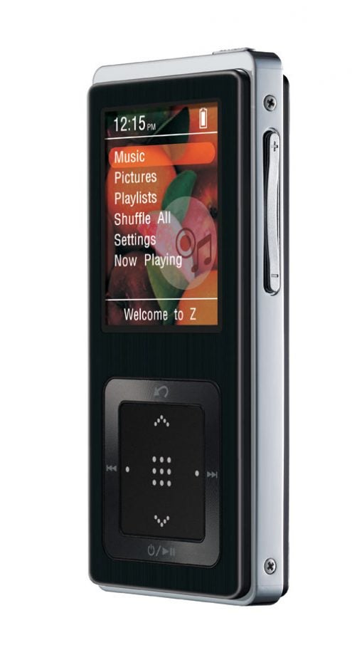 Samsung YP-Z5 MP3 player with a vertical orientation displaying its menu screen, including options for Music, Pictures, Playlists, Shuffle, Settings, and Now Playing, with a "Welcome to Z" message at the bottom.