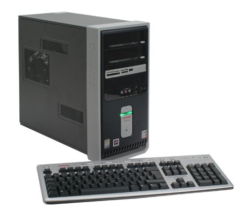 Compaq Presario SR1719UK desktop computer with keyboard, featuring a tower case with multiple drive bays and front-accessible audio-USB ports, displayed against a white background.