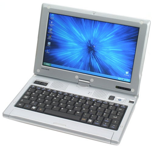 Dialogue Flybook convertible laptop with swivel screen displaying a blue desktop wallpaper, full QWERTY keyboard, trackpad, and external ports visible.