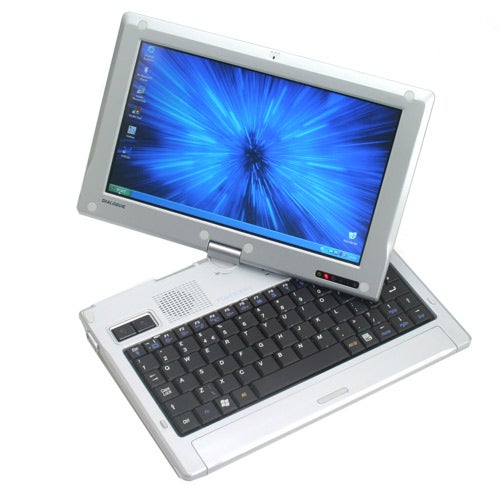 Dialogue Flybook convertible laptop with a swivel touchscreen display, showing a vibrant blue desktop wallpaper, with a full keyboard and trackpad visible.