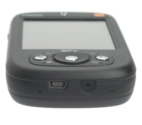 Black Orange SPV M600 smartphone showing screen, navigation buttons, and charging port, isolated on a white background.