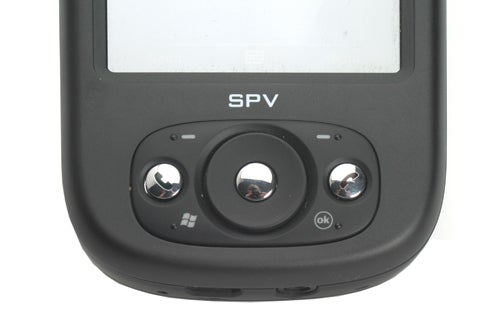Close-up view of the lower part of a black Orange SPV M600 smartphone showing the navigation buttons and the brand logo.