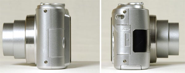 Two side-by-side images of a Panasonic Lumix DMC-LZ5 digital camera showing the side profiles with lens retracted and extended.