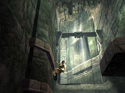 Lara Croft character jumping across a gap in ancient-looking ruins with stone platforms and the sun shining through an opening in Tomb Raider: Legend video game.
