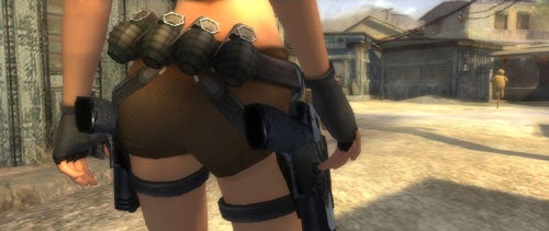 Close-up screenshot from the video game Tomb Raider: Legend focusing on the character's equipped utility belts and holsters.